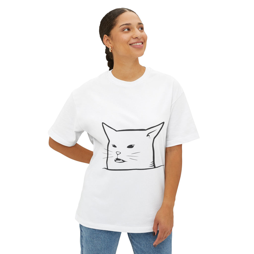 Cat Meme Tee — Surprised Cat Line Art Oversized T‑Shirt