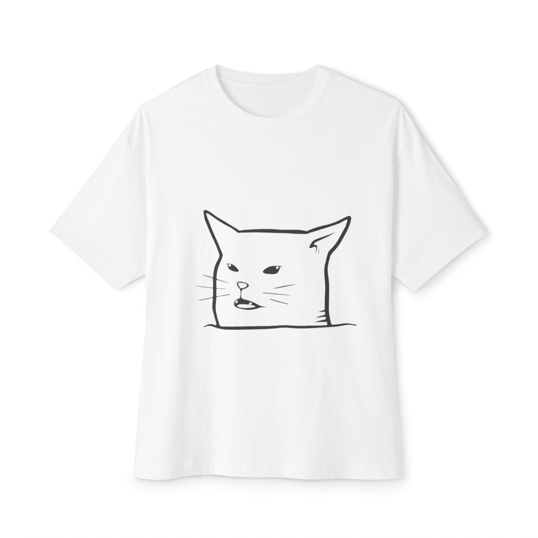 Cat Meme Tee — Surprised Cat Line Art Oversized T‑Shirt